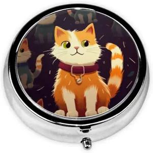 알약 상자 고양이 원형 케이스 3 지갑용 수납공간 귀여운 금속 정리함 휴대용 여행용 미니 소형 용기 홀더