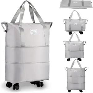 VOOWO 롤링 더플백 휠이 달린 캐리어에 접이식 휴대용 대형 주말 가방(그레이)