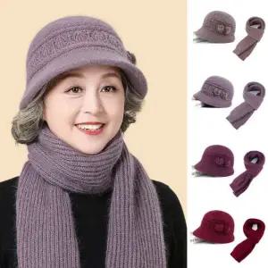 중년 장년 할머니 어머니 겨울 방한 꽃장식 캡모자 머플라 방한 세트
