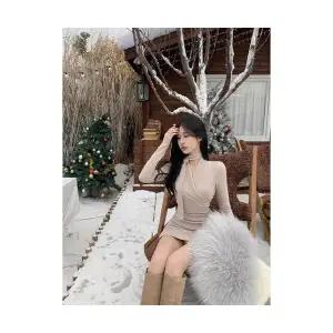 여성 트렌디 아이템 스커트 미니 밴딩 브이넥 긴팔 원피스힙업 HT4