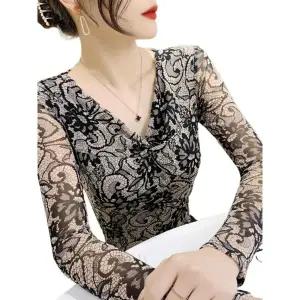 댄스 여성 상의 꽃 살사 셔츠 셔링 라인 긴팔 스포츠 피닉스테일 플라워 M