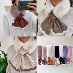 (색상 연베이지)(앙상블) 물결 니트 퍼 머플러 목도리 털 페이크퍼