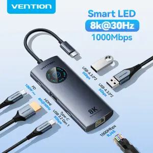 벤션 USB C 8K 4K HDMI 허브 LED 디스플레이 USB A C 3.0 3.2 Gen1 이더넷 1000Mbps 어댑터 맥북 호환 아이
