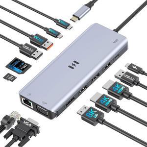도킹 스테이션 4 모니터, 13 in 1 노트북 3 듀얼 HDMI, 8K DP, VGA, 10Gbps USB A/C 데이터 전송, PD 충전, 윈도우/맥 OS 노트북용 C 허브 멀티포트 어댑터