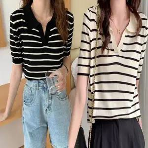 브이넥 여성 반팔니트 반팔티 카라 여름 스트라이프 (WFKBWY1)