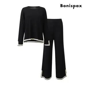 [보니스팍스](신세계 사우스시티)배색 라인 슬릿 라운드 니트 앤 와이드 팬츠 세트 (XQ1ST003M0)