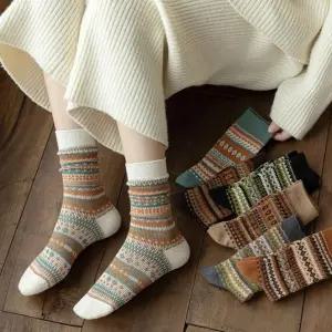 레트로 노르딕 자카드양말 5켤레 40수 100%면 장목 중목 부드럽고쫀쫀한 단체선물 대량구매 7컬러