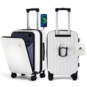 바이슨 데님 20인치 기내 반입 수하물, PC 경량 하드사이드 확장형 수하물 항공사, 스피너 휠, 전면 수납 공간, 컵 홀더, TSA 승인 잠금 장치, USB 포트