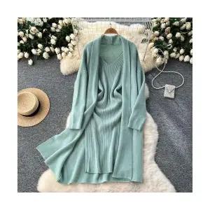 여자 정장세트 부드러운 투피스 추동 루즈핏 미디 니트 가디건 스웨터 코트+ 나시 원피스 원템4