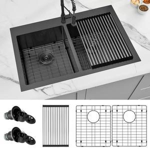 Zeesink 블랙 스테인리스 스틸 주방 싱크대 33인치 X 22인치, 더블 볼 50개, 상단 마운트/드롭 인 싱크 16 게이지