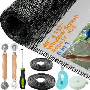 48 x157 창문 스크린 교체 키트 및 도어 수리 스플라인 롤러 후크 커터 자가 포함된 유리섬유 메쉬 롤