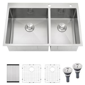 더블 볼 주방 싱크대 33x22 드롭, 스테인리스 스틸 60/40 33인치 16게이지 드롭
