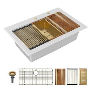 살라이 33 화강암 복합 주방 싱크대 - x 22 인치 드롭 인 키친 싱크 탑마운트 리지 워크스테이션 화이트 쿼츠 클래식 위 카운터 싱글 볼 분지, 골드 액세서리 포함