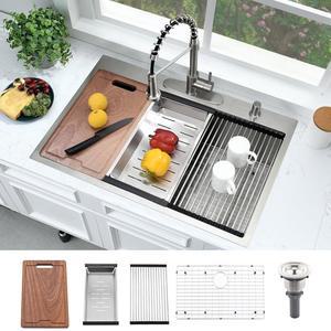보카이야 33x19 주방 싱크대 작업대 낙하, 16 게이지 스테인리스 스틸 탑 마운트 2홀 오버 카운터 싱글 볼 낙하 도마 포함