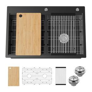 블랙 50/50 더블 볼 주방 작업대 싱크대, 도마, 건조대, 실리콘 매트, 싱크대 그리드 및 배수 어셈블리로 멀티태스킹하기 쉬운 33
