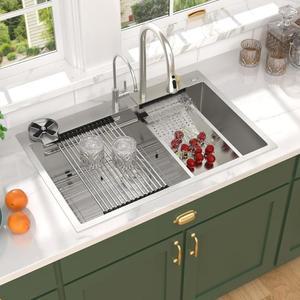 탈러 33인치 워터폴 키친 싱크 드롭 인 워크스테이션 16게이지 스테인리스 스틸 싱글 볼 럭셔리 스마트 싱크, 수도꼭지 콤보 #TLWF-0002