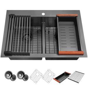 LQS 블랙 주방 싱크대, 많은 냄비와 프라이팬을 위한 더블 볼 33인치 x 22인치 싱크대 스트레인저와 번트 액세서리가 있는 스테인리스 원형 모서리