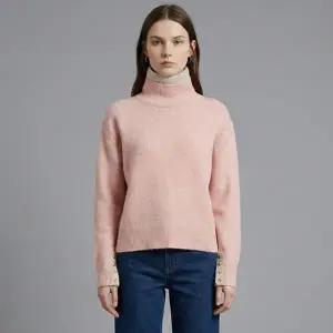 [샵앤] 여성 터틀넥 이중배색 폴라 소매단추 니트 티셔츠 BOM-WKN-21005