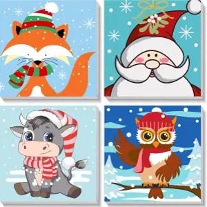 4-8세 를 위한 Yingtop 4 팩 크리스마스 페인트 - 귀여운 동물 캔버스에 아크릴 사용하기 쉬운 유화 키트