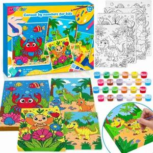 6-8세 를 위한 숫자별 페인트 4팩 아크릴 12개와 브러시 8개가 포함된 미리 그린 캔버스 페인팅 키트