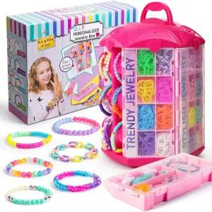 저장 타워가 있는 5-12세 소녀용 팔찌 제작 키트용 P C 3200개 - 벌크 고무 밴드 클레이 포니 비즈 탄력 끈