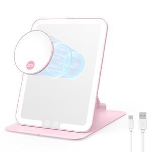 조명과 20배 기능이 있는 벤빌리 접이식 여행용 메이크업 미러 조절 가능한 스탠드가 충전식 테이블탑 LED 배니티 3색 조광 조명 휴대용 핑크