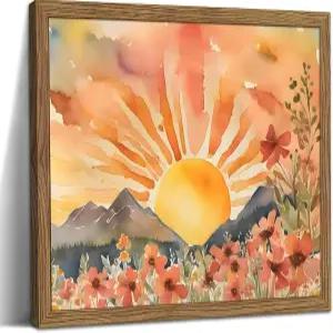 거실용 액자형 선셋 보호 벽 아트 - 모던 추상 꽃 캔버스 그림 장식 침실 홈 오피스용 태양 풍경 미학