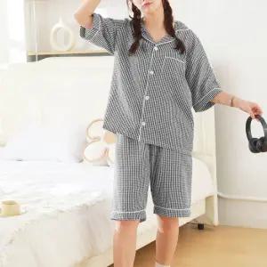 여성 지지미 체크 여름 파자마 세트 반팔 반바지 잠옷 상하 5부