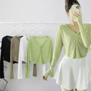 여성 헬스 요가 필라테스 단추 긴팔 크롭 티셔츠 (WFHRBIK)