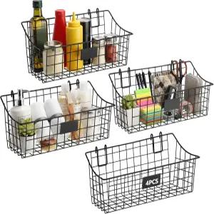 후크가 달린 오토링 4팩 블랙 그리드 벽 바구니 및 라벨 11.8 x 6 5.1 인치 캐비닛 걸이식 금속 벽걸이 빈