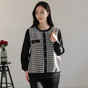 여성 가을 겨울 트위드 체크 빅사이즈 긴팔 티셔츠 40-50대 미시 중년여성 엄