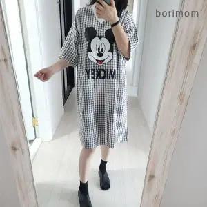[보리보리/보리맘]체크 미키 수유 원피스 수유복 숨김 수유구 모유수유옷 임부복 잠옷 ID386