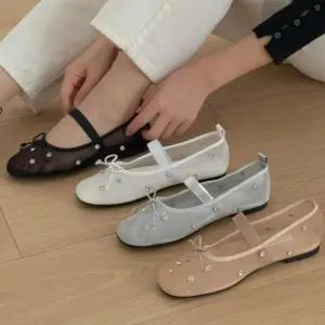 여성 시스루 망사 큐빅 리본 장식 메리제인 플랫슈즈