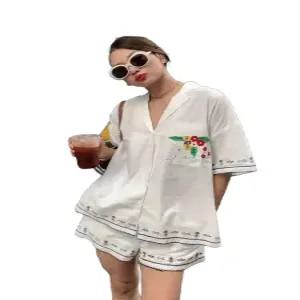 플라워 자수 셔츠 투피스 반바지 여름 퍼프 셔링 크롭 린넨