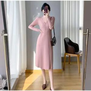 여성 추천 겨울 롱 초월한 추동 프렌치 니트 펀칭 원피스 브이넥 이너 치마가 힛템