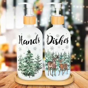 FYSUIMU 2PCS 크리스마스 비누 디스펜서 리필 가능한 액체 용기 수채화 트리 순록 눈송이 유리 겨울 가정용