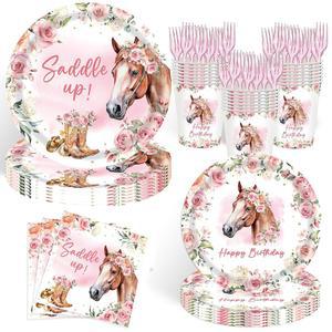 조이하피스타 120PCS 소녀용 말 생일 접시 웨스턴 카우걸 저녁 식사 및 디저트 컵 냅킨 포크 식기 파티 용품 세트 24명 손님 제공