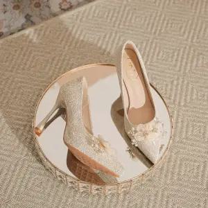 여성용 하이힐 신발 프렌치 신부 웨딩 스틸레토 지치지 않는 가보시 힐 큐빅 플라워 펌프스 KS5