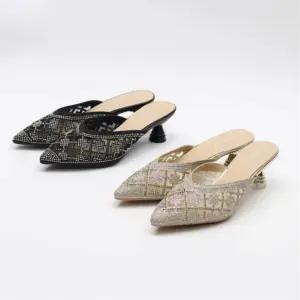 여성 유니크 망사 큐빅 포인티드 블링 여름 뮬슈즈