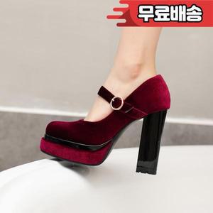 벨벳 블록 힐 플랫폼 펌프 그린 메리 제인 슈즈 여성용 하이힐  파티