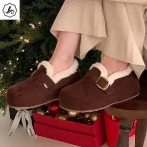 [애슬릿] 플랫 슈즈 여성 겨울 로퍼 소 가죽 안감 퍼 방한 발 편한