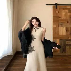 여자정장세트 추동 민소매 치파오 니트 원피스 롱스커트 카디건 투피스 세트 원템4