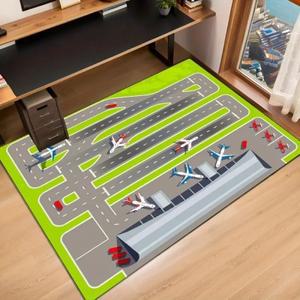 다미식 공항 테마 카펫 녹색 비행기 및 활주로 디자인 러그 거실 야외 주방 욕실 장식 매트