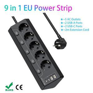 EU 5방향 소켓 개별 스위치 포함 데스크탑 전원 스트립 USB 충전 기능 멀티 플러그 콘센트 2m 연장 코드