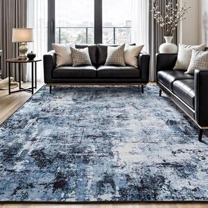[포르르] 거실용 러그, 세탁 가능한 대형 러그 얼룩 방지 로우 파일, 식당용 모던 다크 카펫 홈 오피스 방 보육 침실, 네이비 블루 / 블랙