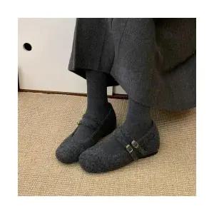 SMK 여성 플랫슈즈 키높이 메리제인슈즈 퍼 겨울 투버클 그레이 기모 단화 JEN4