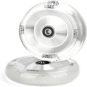 프로 스쿠터 휠 110 x 26mm 2개 추가 폭 투명 흰색 PU 고탄력성 및 BMX 트릭 스쿠터를 위한 알루미늄 금속