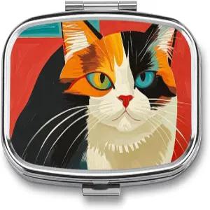 모던 아트 고양이 알약 케이스 휴대용 정리함 2칸 방수 금속 여행용 상자 약 생선 기름 및 보충제 포함