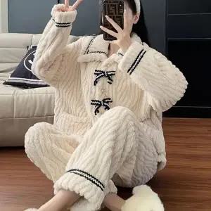 리본 카라 포인트 포근한 소재 주머니 잠옷 세트 여자 겨울 홈웨어
