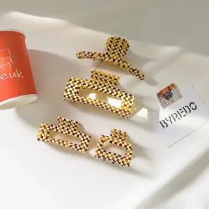 헤어 집게핀 여성 집게 머리핀 체크 브라운 옐로우